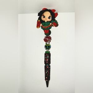 Custom Made Clay CHRISTMAS Doll Beaded Pen w/Free Ink Refill